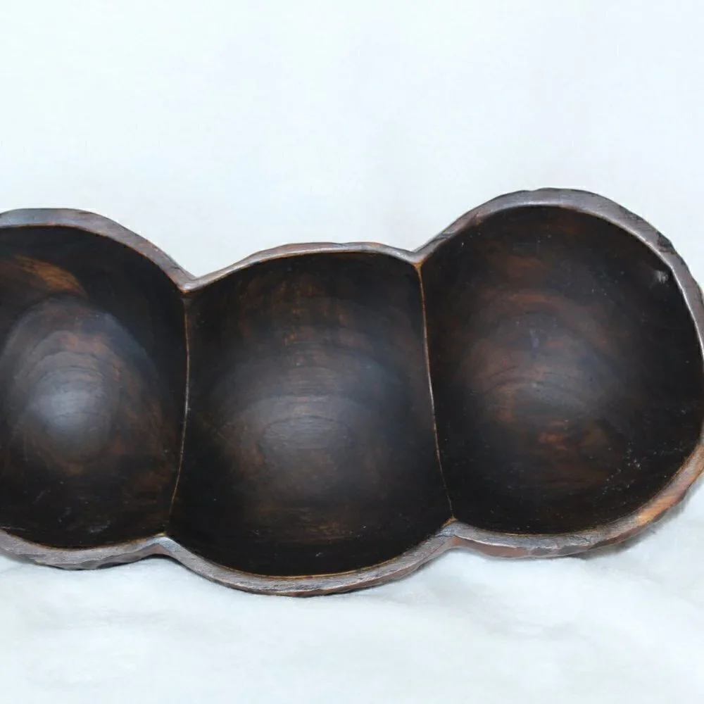 Vintage peanut shape fine wooden bowl carved animal print texture divided dish